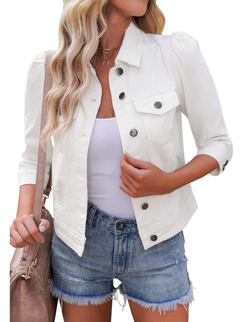 Women's White Jean Cropped Denim Jacket Stretchy 3/4 Puff Sleeve Stylish Jackets